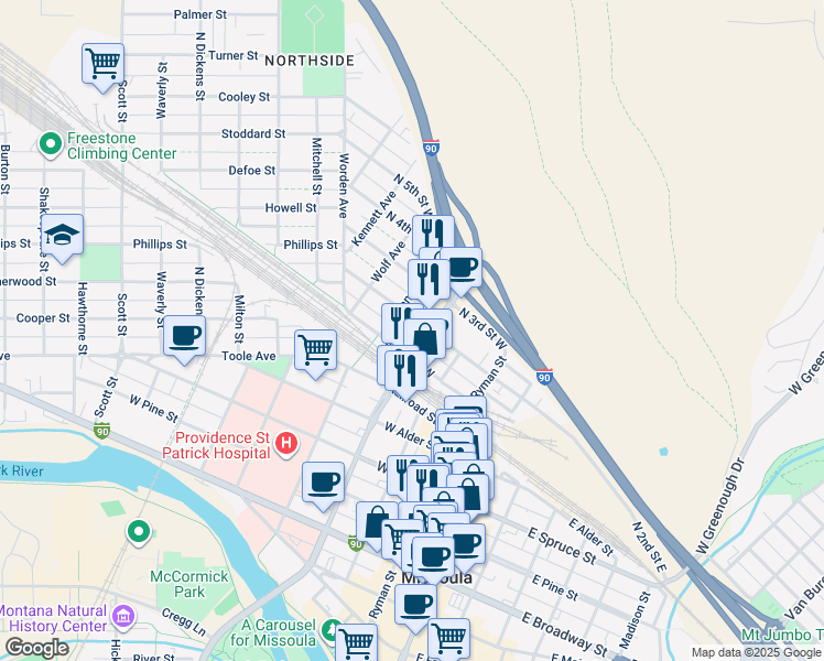 map of restaurants, bars, coffee shops, grocery stores, and more near 313 North 1st Street West in Missoula