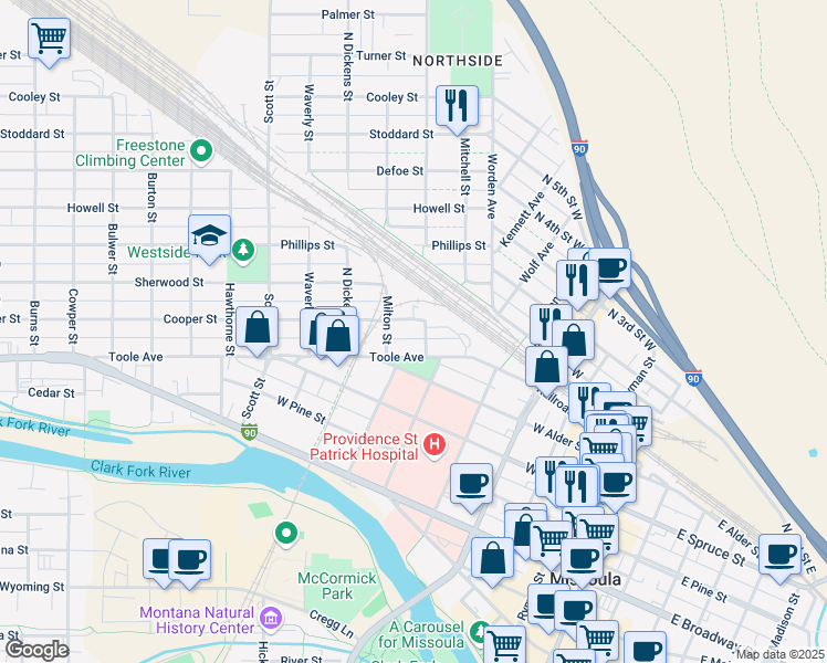 map of restaurants, bars, coffee shops, grocery stores, and more near 636 Toole Avenue in Missoula