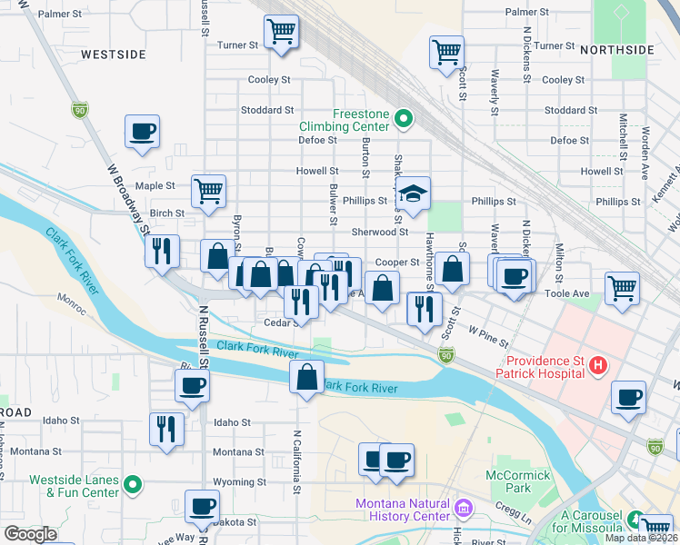 map of restaurants, bars, coffee shops, grocery stores, and more near 1256 West Broadway Street in Missoula