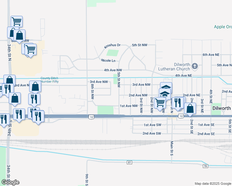 map of restaurants, bars, coffee shops, grocery stores, and more near 102 5th Street Northwest in Dilworth