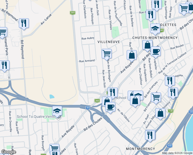 map of restaurants, bars, coffee shops, grocery stores, and more near 119 Rue de la Chicorée in Québec