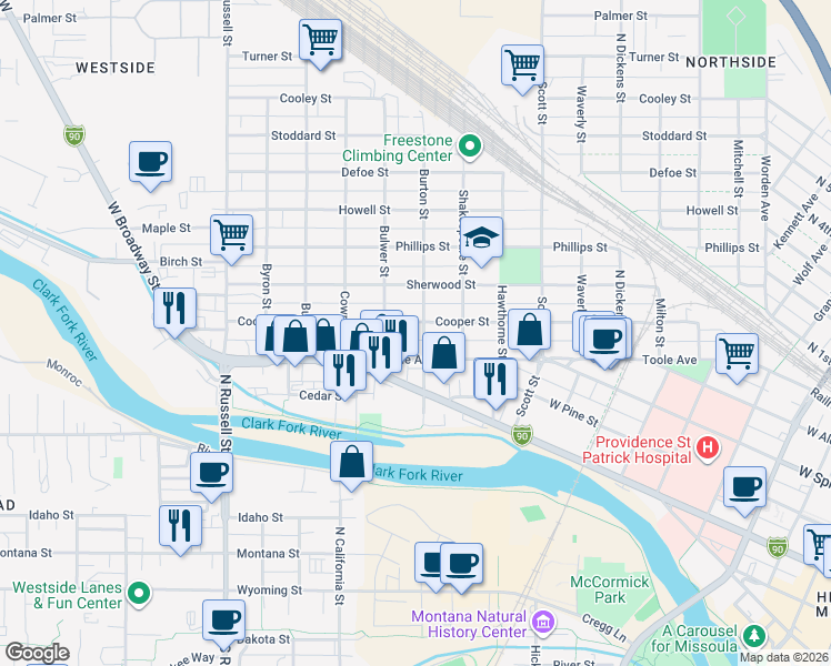 map of restaurants, bars, coffee shops, grocery stores, and more near 1401 Cooper Street in Missoula