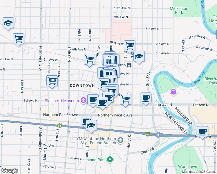 map of restaurants, bars, coffee shops, grocery stores, and more near 220 North Broadway Drive in Fargo