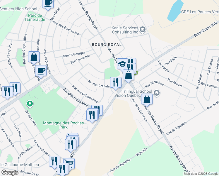 map of restaurants, bars, coffee shops, grocery stores, and more near 745 Avenue des Grenats in Charlesbourg