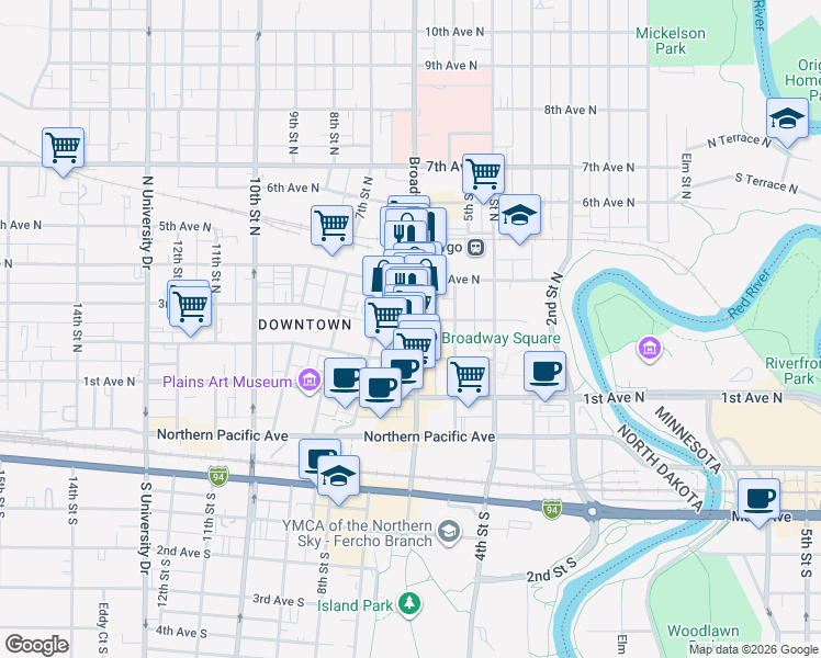 map of restaurants, bars, coffee shops, grocery stores, and more near 220 North Broadway Drive in Fargo
