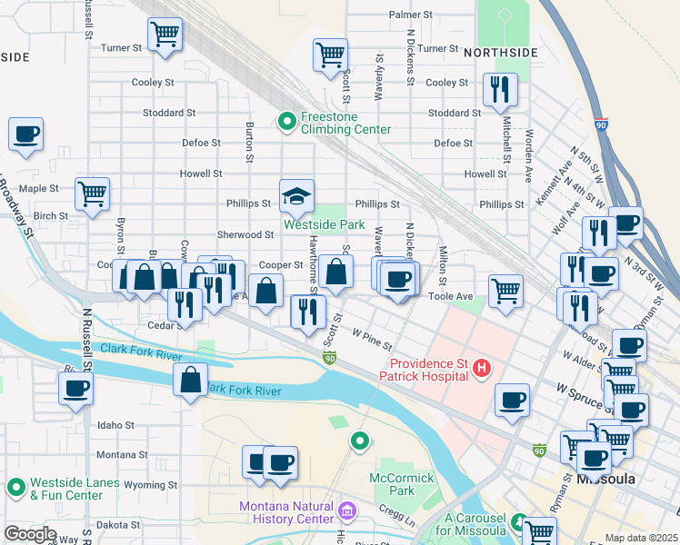 map of restaurants, bars, coffee shops, grocery stores, and more near 828 Scott St in Missoula