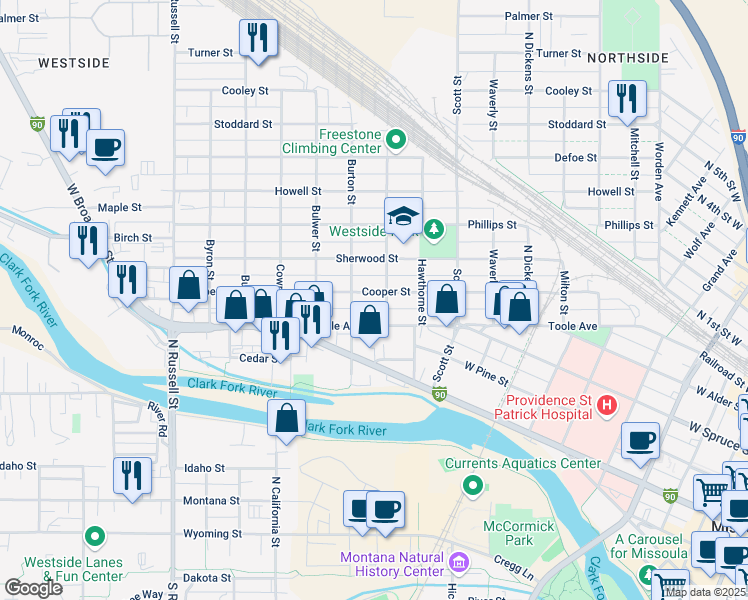 map of restaurants, bars, coffee shops, grocery stores, and more near 808-898 Burton Street in Missoula