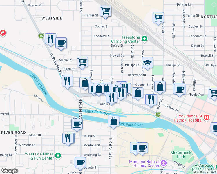 map of restaurants, bars, coffee shops, grocery stores, and more near 820 Burns Street in Missoula