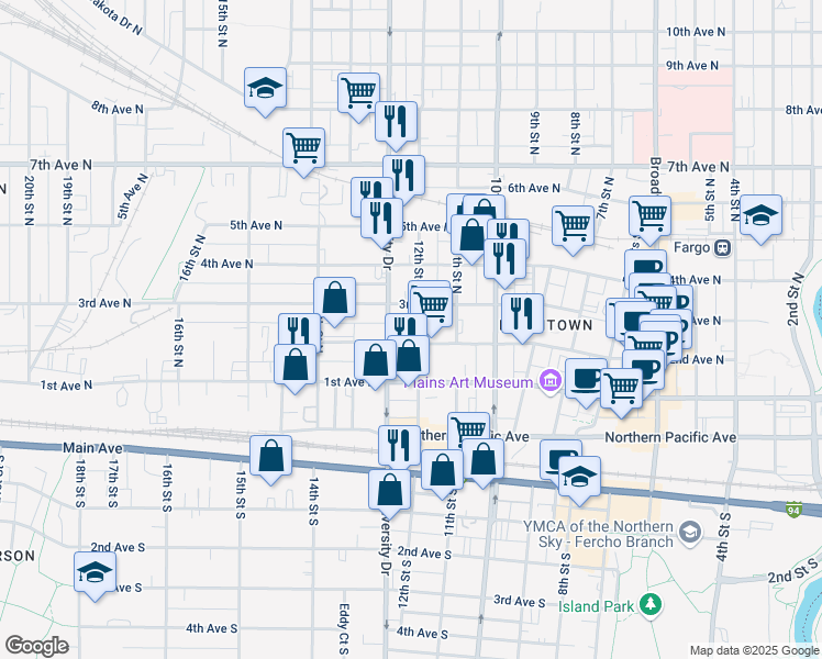 map of restaurants, bars, coffee shops, grocery stores, and more near in Fargo