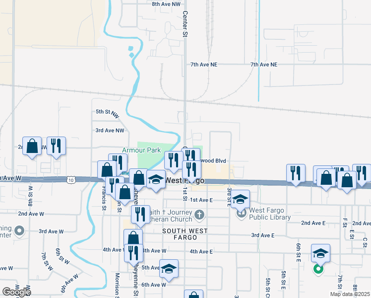 map of restaurants, bars, coffee shops, grocery stores, and more near 61 North Dakota 294 in West Fargo