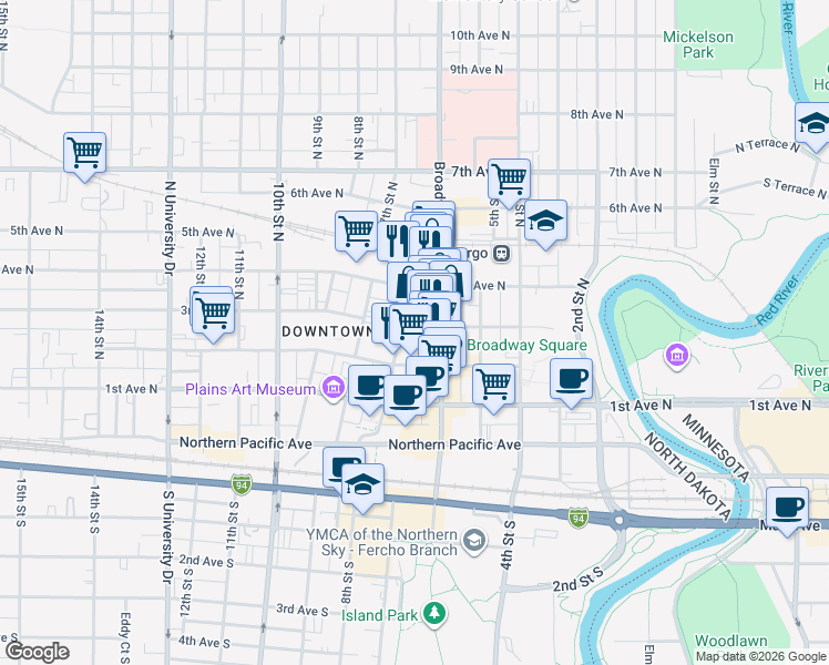 map of restaurants, bars, coffee shops, grocery stores, and more near 247 Roberts Street North in Fargo