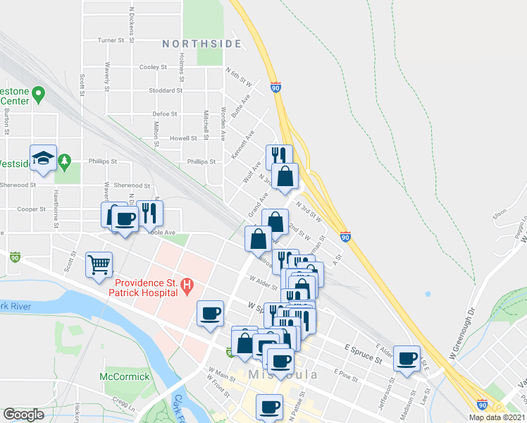 map of restaurants, bars, coffee shops, grocery stores, and more near 504 North 2nd Street West in Missoula