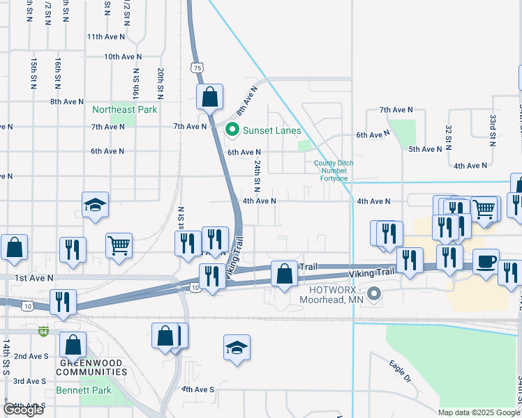map of restaurants, bars, coffee shops, grocery stores, and more near 2310 4th Avenue North in Moorhead