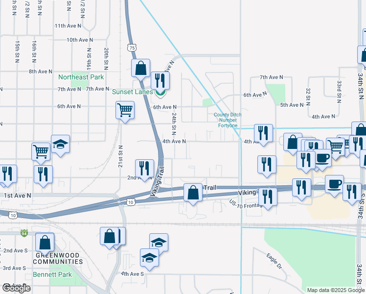map of restaurants, bars, coffee shops, grocery stores, and more near 2415 4th Avenue North in Moorhead
