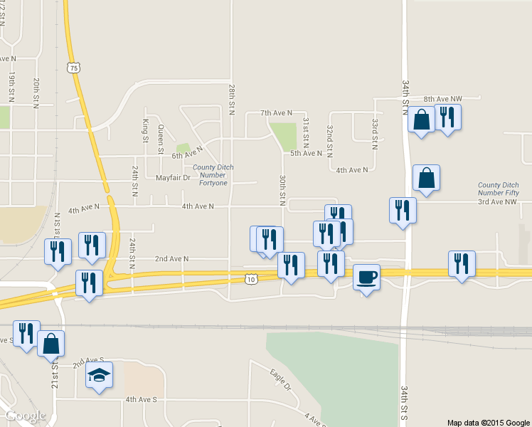 map of restaurants, bars, coffee shops, grocery stores, and more near 2934 4th Avenue North in Moorhead