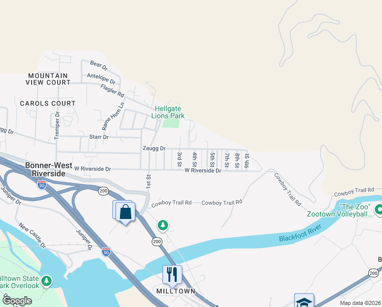 map of restaurants, bars, coffee shops, grocery stores, and more near 8490 Zaugg Drive in Missoula