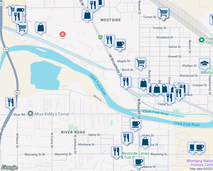 map of restaurants, bars, coffee shops, grocery stores, and more near 2025 Mullan Road in Missoula