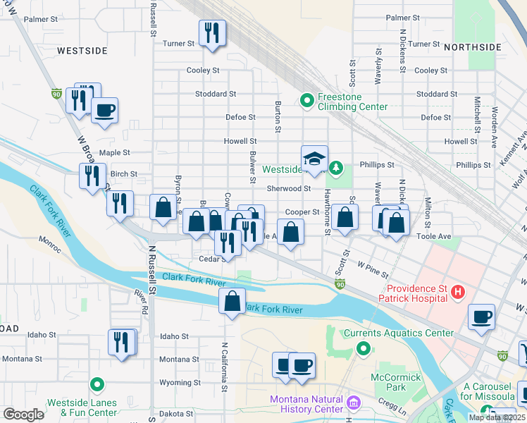 map of restaurants, bars, coffee shops, grocery stores, and more near 1428 Cooper Street in Missoula