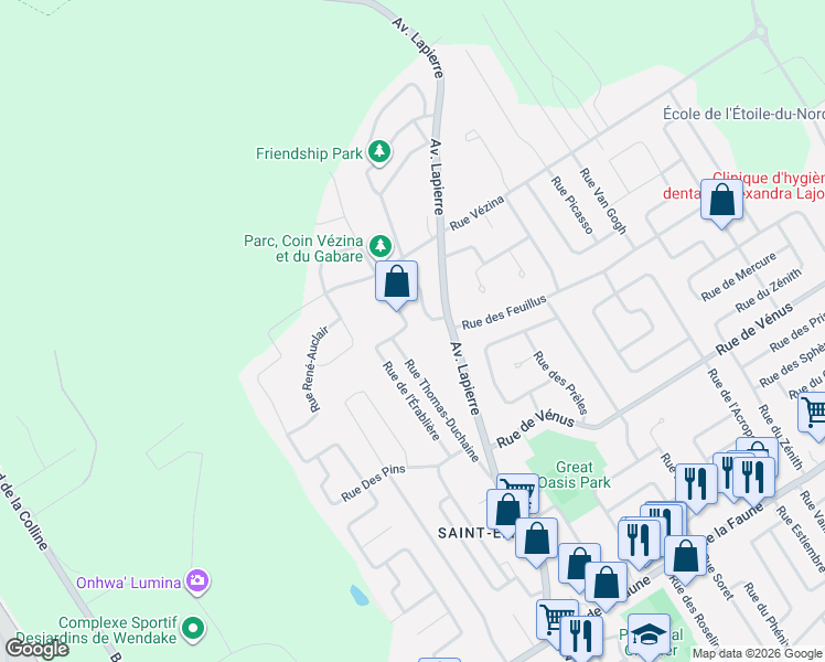 map of restaurants, bars, coffee shops, grocery stores, and more near 6035 Rue du Gabare in Québec