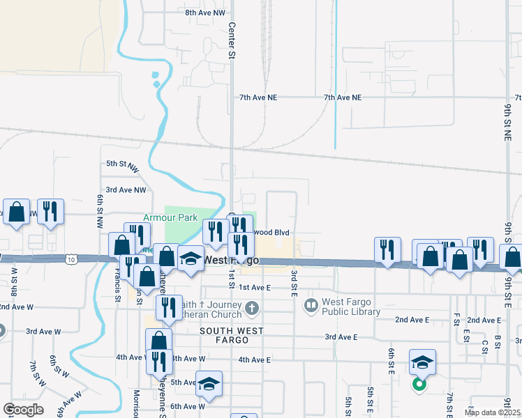 map of restaurants, bars, coffee shops, grocery stores, and more near 72 Pinewood Boulevard in West Fargo