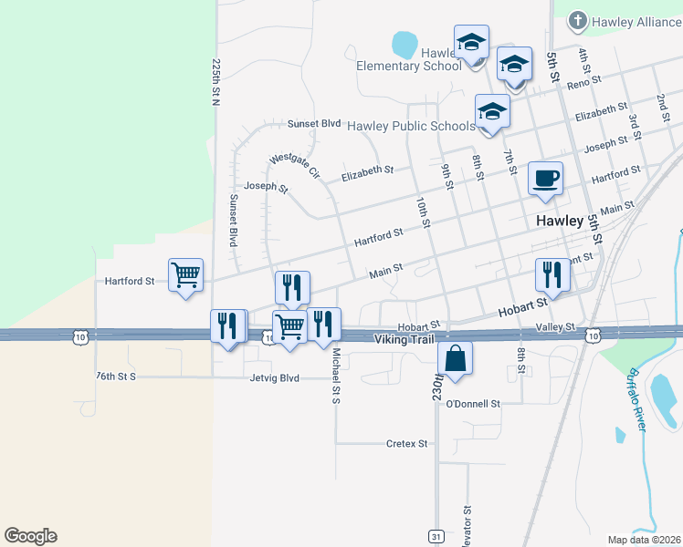 map of restaurants, bars, coffee shops, grocery stores, and more near 1305 Hartford Street in Hawley