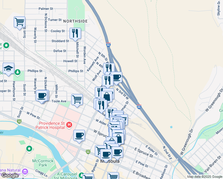 map of restaurants, bars, coffee shops, grocery stores, and more near 902 North Orange Street in Missoula
