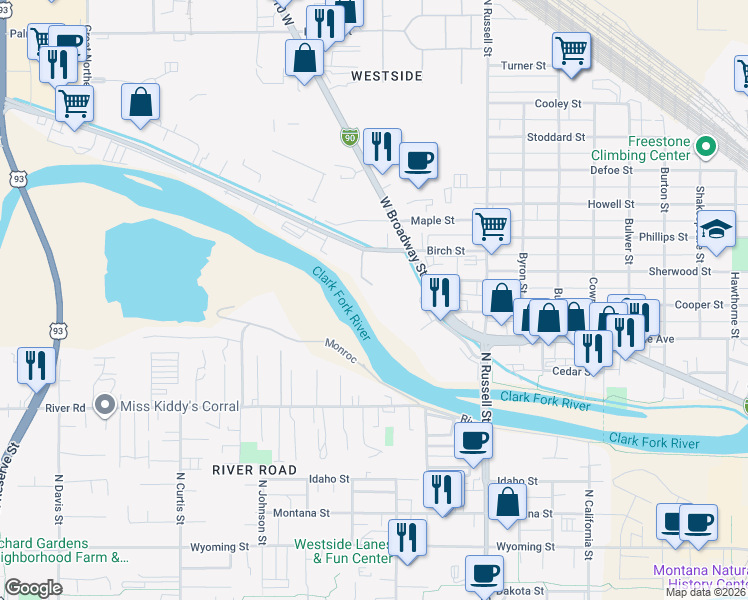 map of restaurants, bars, coffee shops, grocery stores, and more near 2025 Mullan Road in Missoula