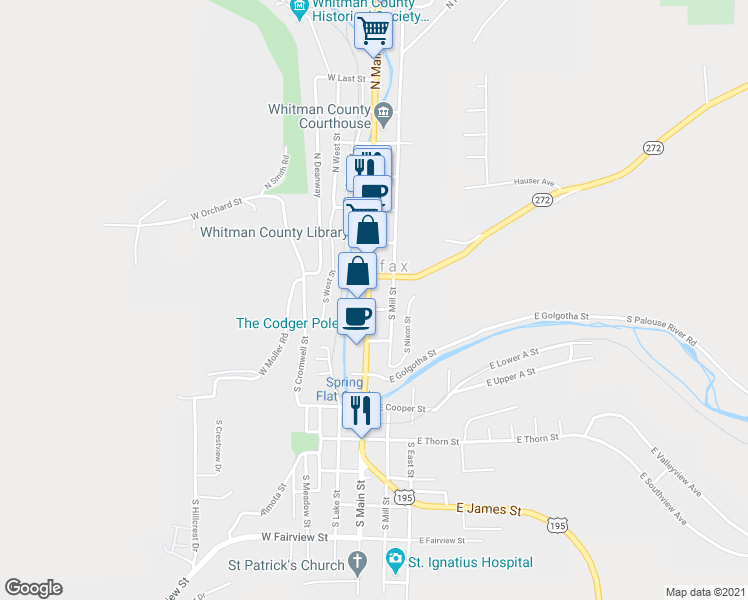 map of restaurants, bars, coffee shops, grocery stores, and more near 211 South Main Street in Colfax