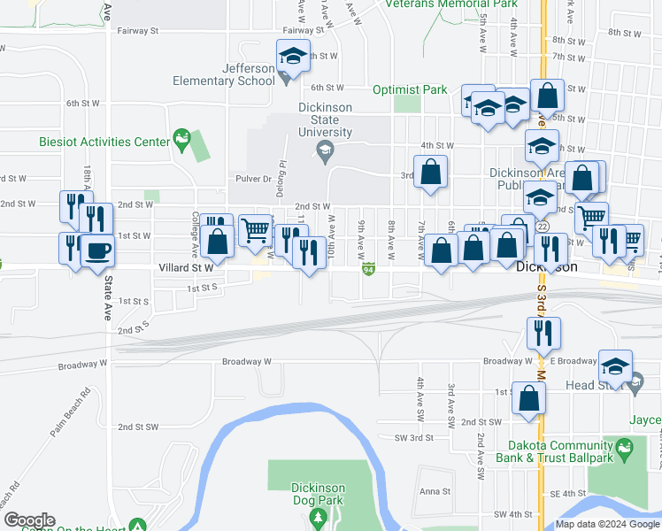map of restaurants, bars, coffee shops, grocery stores, and more near 6 10th Avenue West in Dickinson