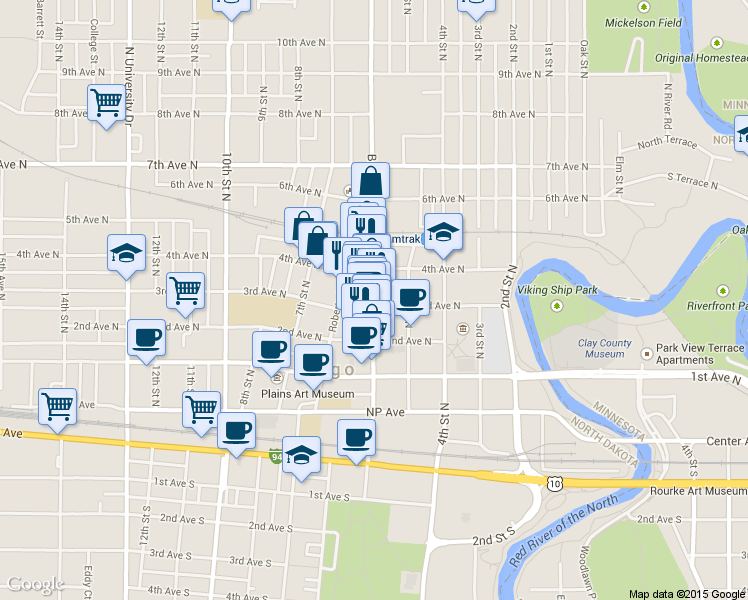 map of restaurants, bars, coffee shops, grocery stores, and more near 222 North Broadway Drive in Fargo