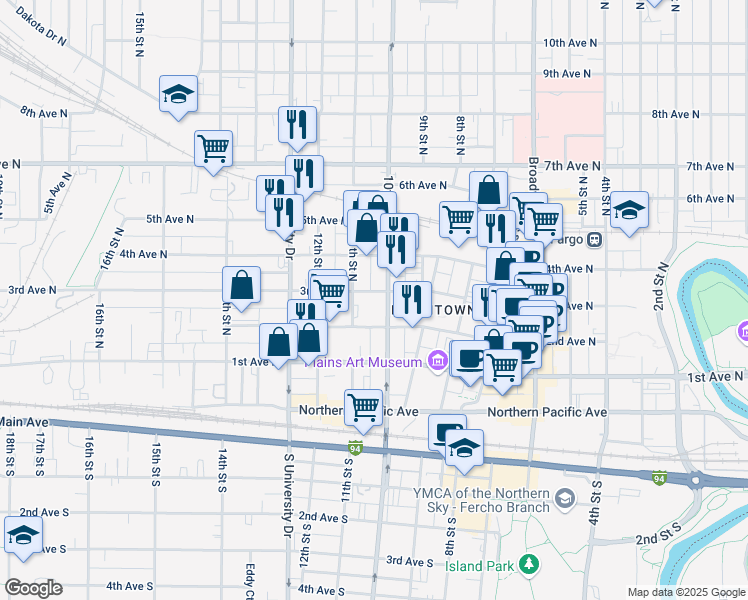 map of restaurants, bars, coffee shops, grocery stores, and more near 1015 3rd Avenue North in Fargo