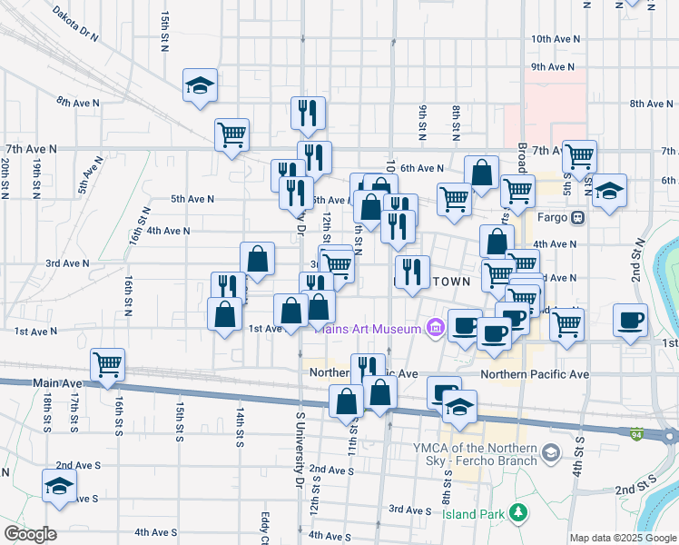 map of restaurants, bars, coffee shops, grocery stores, and more near 1117 3rd Avenue North in Fargo