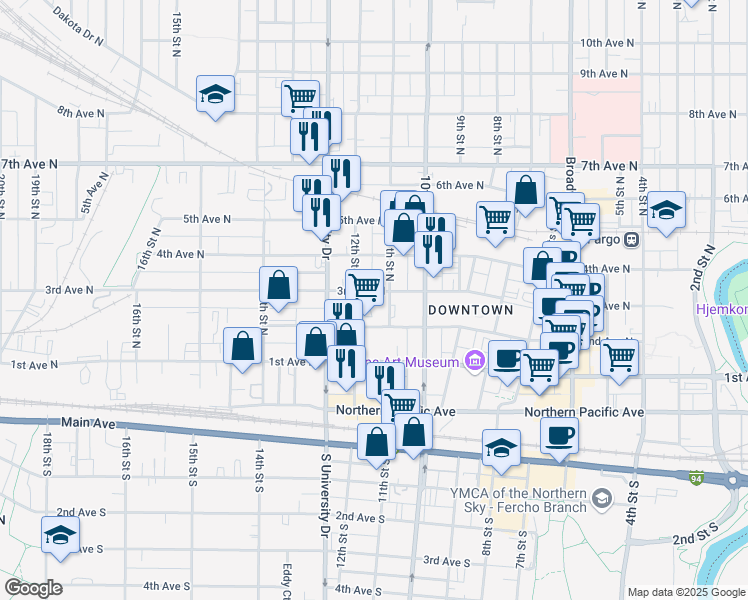 map of restaurants, bars, coffee shops, grocery stores, and more near 1110 3rd Avenue North in Fargo