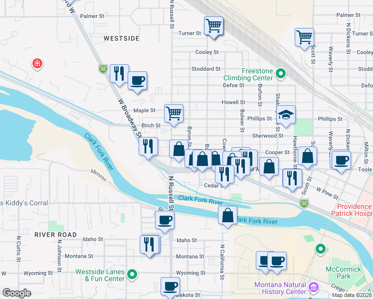 map of restaurants, bars, coffee shops, grocery stores, and more near 820 Byron Street in Missoula
