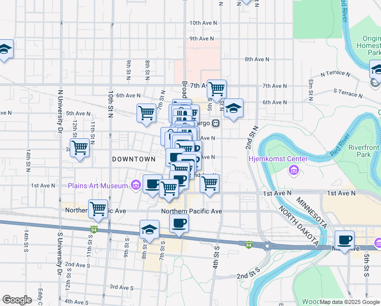 map of restaurants, bars, coffee shops, grocery stores, and more near 303 Broadway North in Fargo