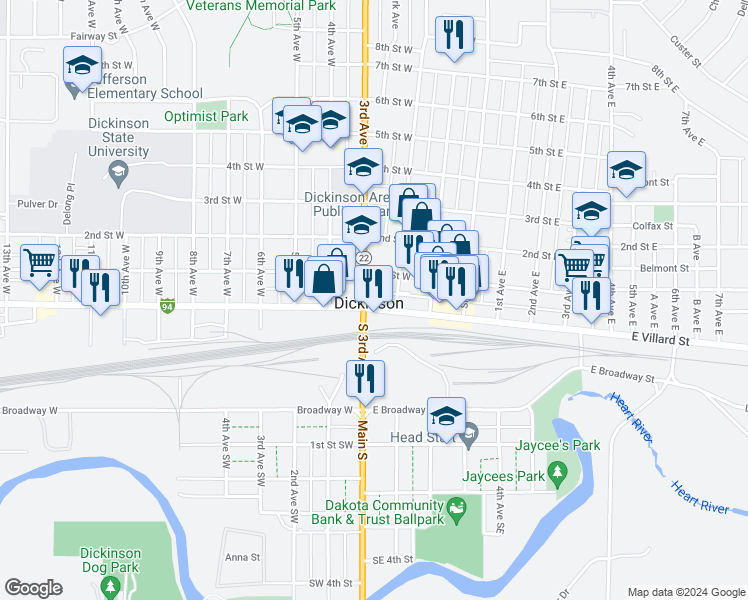 map of restaurants, bars, coffee shops, grocery stores, and more near 264 Villard Street West in Dickinson