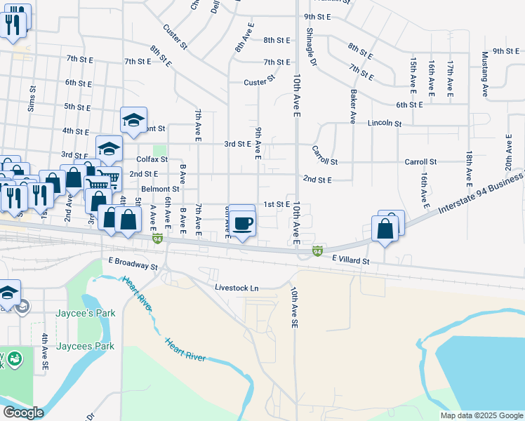 map of restaurants, bars, coffee shops, grocery stores, and more near 106 9th Avenue East in Dickinson