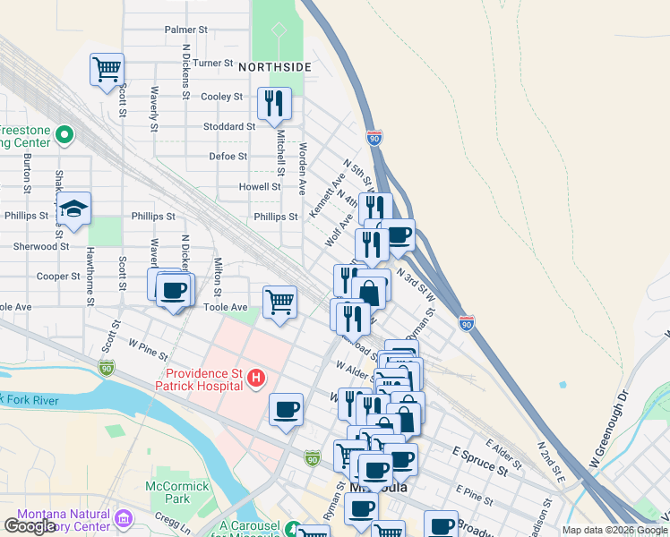 map of restaurants, bars, coffee shops, grocery stores, and more near 504 North 2nd Street West in Missoula
