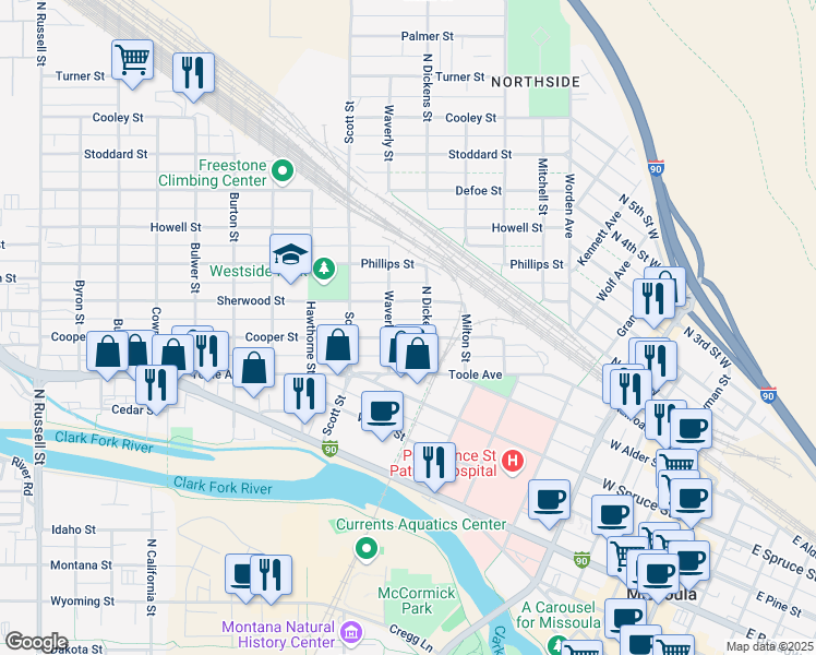 map of restaurants, bars, coffee shops, grocery stores, and more near 818 Waverly Street in Missoula
