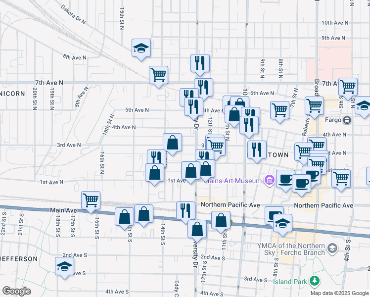 map of restaurants, bars, coffee shops, grocery stores, and more near 1316 3rd Avenue North in Fargo
