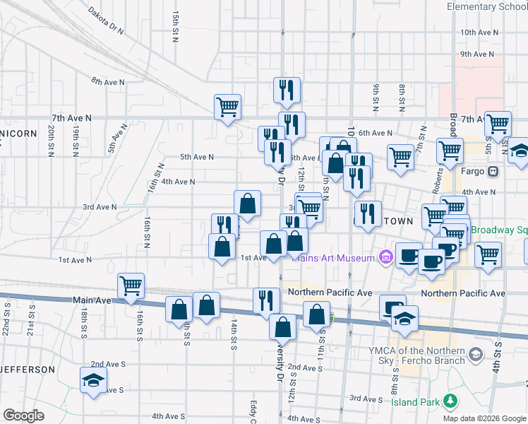 map of restaurants, bars, coffee shops, grocery stores, and more near 1316 3rd Avenue North in Fargo