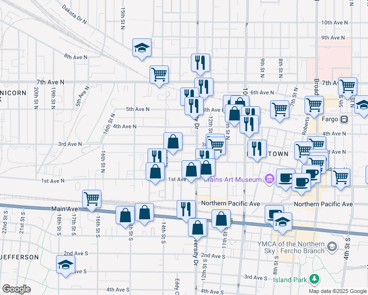 map of restaurants, bars, coffee shops, grocery stores, and more near 1316 3rd Avenue North in Fargo