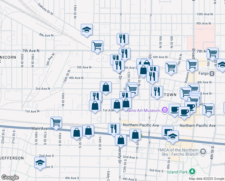 map of restaurants, bars, coffee shops, grocery stores, and more near 1316 3rd Avenue North in Fargo
