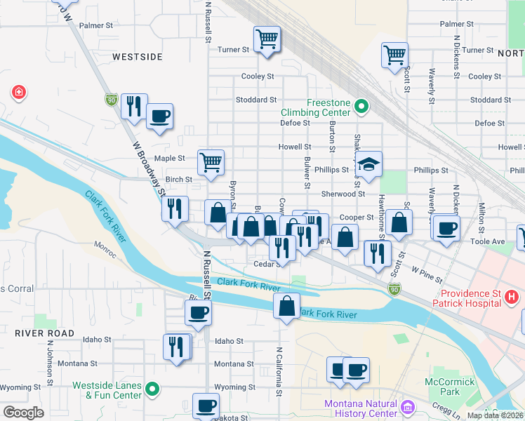 map of restaurants, bars, coffee shops, grocery stores, and more near 820 Burns Street in Missoula