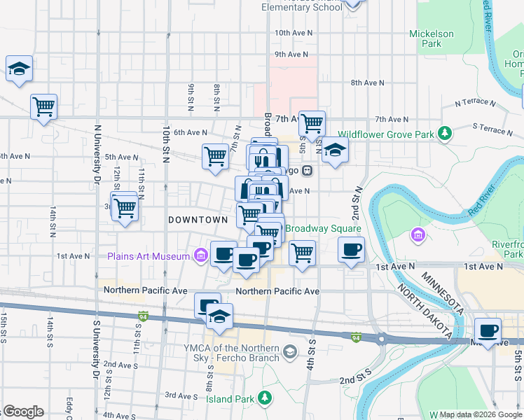 map of restaurants, bars, coffee shops, grocery stores, and more near 222 North Broadway Drive in Fargo