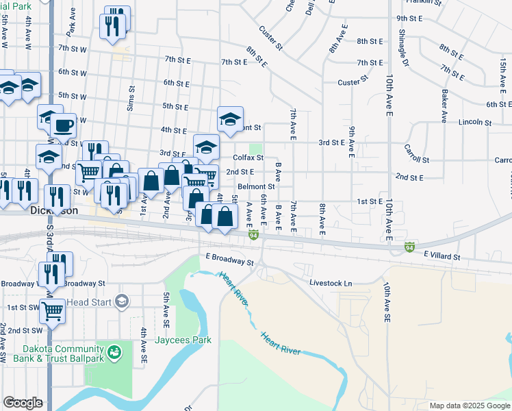 map of restaurants, bars, coffee shops, grocery stores, and more near 550 1st Street East in Dickinson