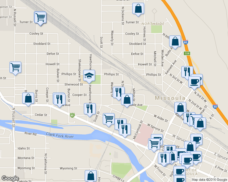 map of restaurants, bars, coffee shops, grocery stores, and more near 818 Waverly St in Missoula