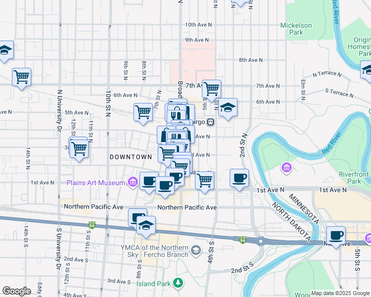 map of restaurants, bars, coffee shops, grocery stores, and more near in Fargo
