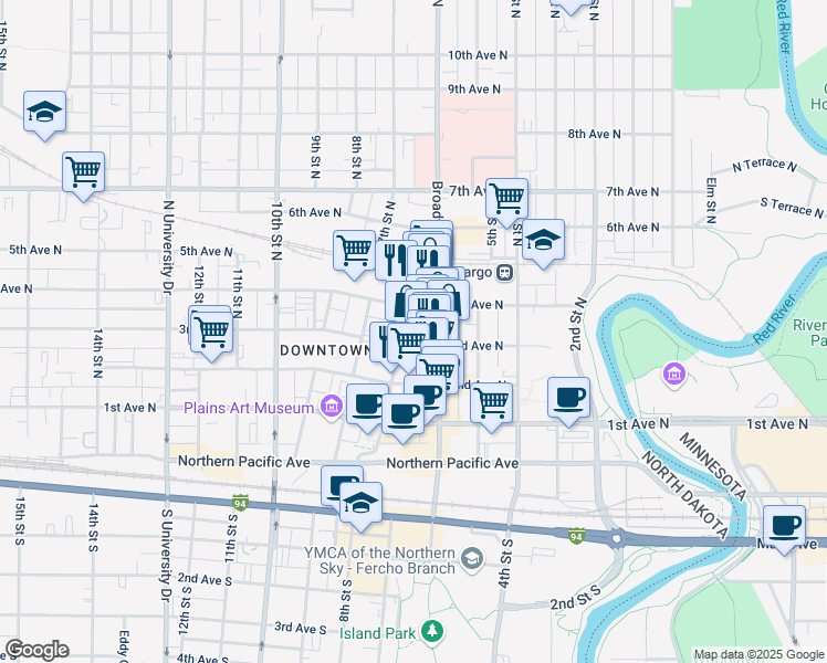 map of restaurants, bars, coffee shops, grocery stores, and more near in Fargo