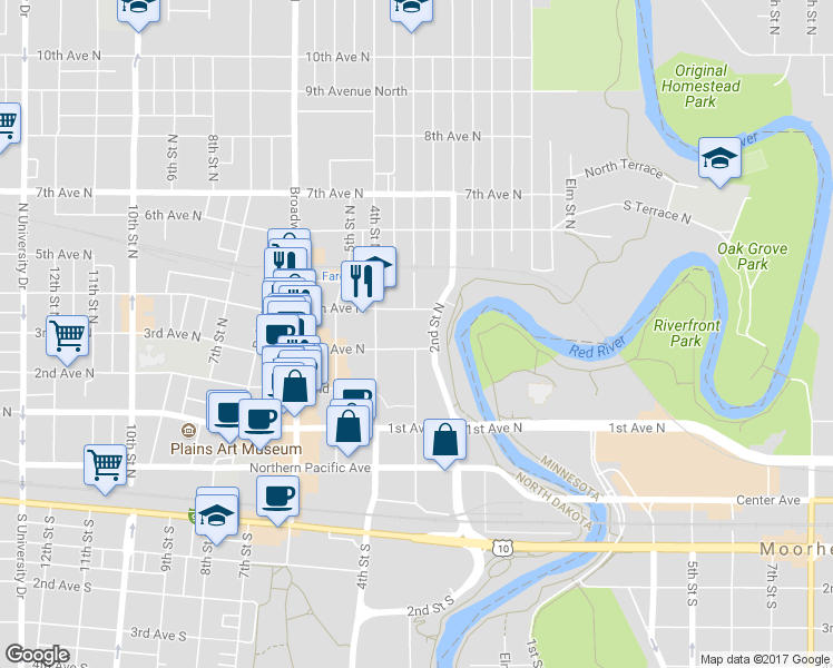 map of restaurants, bars, coffee shops, grocery stores, and more near 301 3rd Avenue North in Fargo